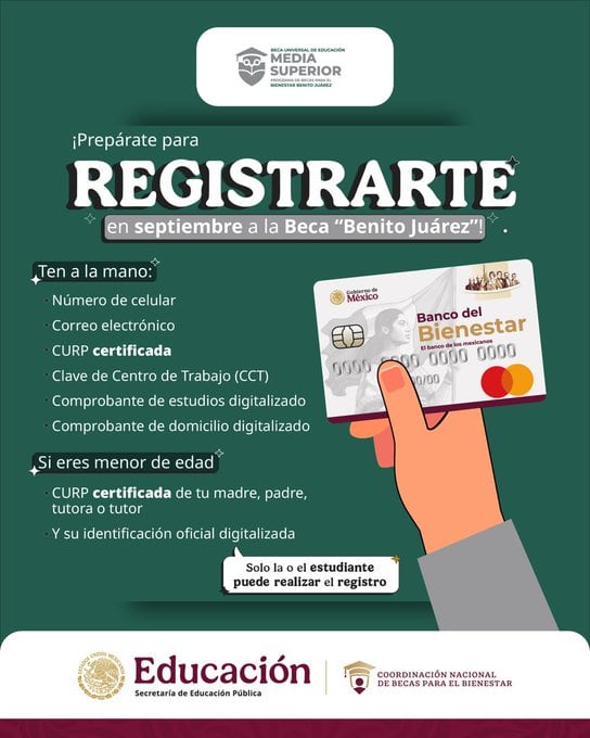 El próximo registro a la Beca Benito Juárez será durante el mes de septiembre