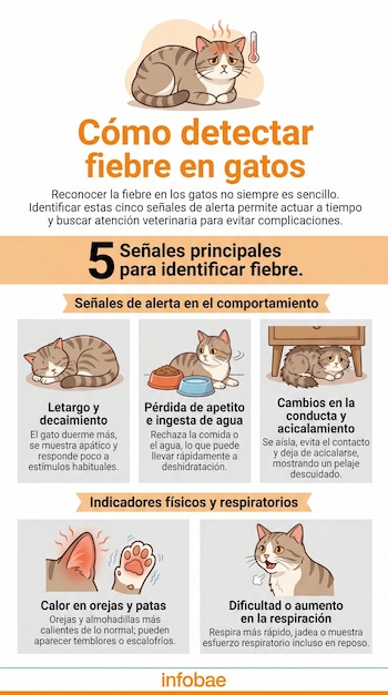 Infografía con título Cómo detectar fiebre en gatos. Muestra un gato enfermo con termómetro y cinco ilustraciones que representan letargo, falta de apetito, aislamiento, orejas calientes y respiración acelerada.