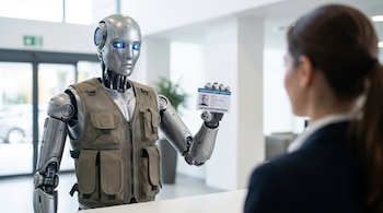 Un robot humanoide con un chaleco beige sostiene una tarjeta de identificación frente a una persona de espaldas en un espacio interior luminoso.