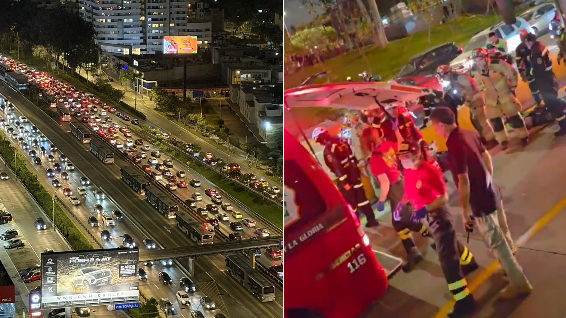 Un vehículo de auxilio policial impactó contra un puente en la avenida Javier Prado Este, cerca de la estación Javier Prado del Metropolitano. Composición: Infobae
