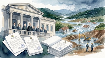 Fachada de un palacio de justicia, figuras de magistrados, documentos legales, un río desbordado, casas inundadas, lluvia, montañas, excavadora y mineros.