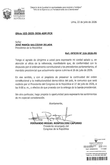 Documento oficial del Congreso de la República de Perú con membrete, texto y una firma de Fernando Rospigliosi dirigida a José María Balcázar