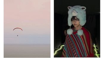 Composición de dos imágenes: un parapente rojo sobre el mar a la izquierda y un joven con poncho andino multicolor y gorro de alpaca a la derecha