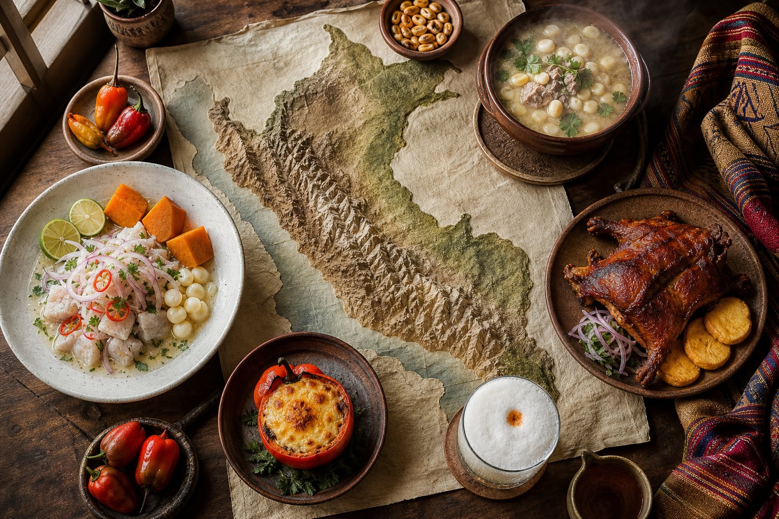 Diversos platos tradicionales de la cocina peruana rodean un mapa topográfico del país para ilustrar la diversidad culinaria de sus regiones. (Imagen Ilustrativa Infobae)