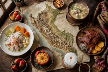 Mapa en relieve de Perú rodeado por platos de ceviche, rocoto relleno, sopa de mote, cuy chactado, ajíes y un vaso de pisco sour.
