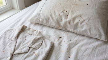 Primer plano de una cama con sábanas y almohada blancas manchadas con pequeños puntos rojizos y oscuros, junto a una camisa de pijama a juego.