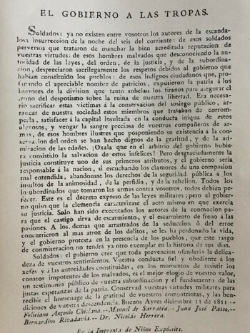 Proclama del gobierno del 11 de diciembre justificando las medidas tomadas para castigar a los culpables.