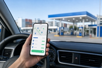 Una mano sostiene un teléfono móvil con un mapa frente al parabrisas de un vehículo con una estación de servicio al fondo.