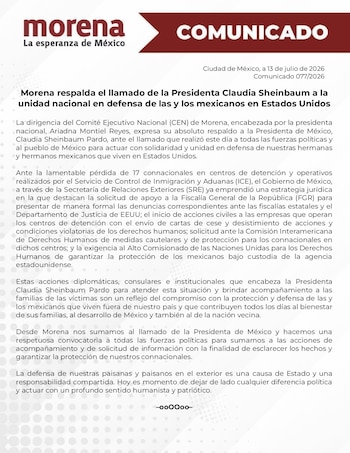 Declaração oficial da Morena.