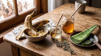 Plátanos maduros machacados en un recipiente, dos frascos de vidrio con aceite y miel, y un corte de aloe vera sobre una mesa de madera.