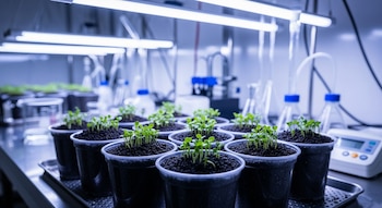 Diez macetas transparentes con brotes verdes sobre regolito oscuro se alinean en una bandeja metálica, bajo luces LED brillantes en un laboratorio iluminado.