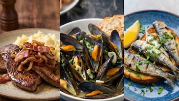 Vista de tres platos distintos: hígado con cebolla y tocino, mejillones al vapor con pan, y sardinas asadas con limón y perejil