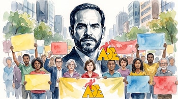 Ilustración acuarela de un hombre al centro con una multitud de personas alrededor sosteniendo pancartas en blanco y banderas con el logo ADE y una persona.