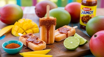 Tres paletas de mango picositas, una vertical y dos horizontales, cubiertas con chamoy y chile en polvo sobre una tabla de madera con mangos y limas.