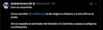 Desde el Centro Democrático, el senador Andrés Forero critica el giro político del excanciller y su cercanía con el proyecto de Cepeda - crédito Andrés Forero/X