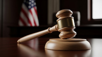 Autoridad Judicial: Mazo en Tribunal con Bandera Americana - VisualesIA ScribNews