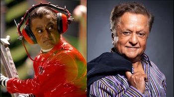 Imagen dividida con el actor Deep Roy como Oompa Loompa con audífonos rojos y traje rojo, y su retrato en camisa de rayas con chaqueta.