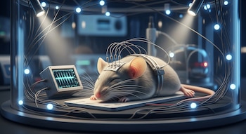 Un ratón con electrodos en la cabeza descansa dentro de una cúpula de cristal, conectado a un monitor que muestra ondas cerebrales en un laboratorio.