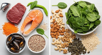 Pantalla dividida con alimentos. Izquierda: carne roja, salmón, mejillones, lentejas, quinoa. Derecha: espinacas, almendras, nueces, semillas, avena.