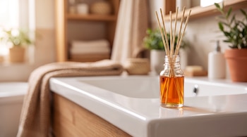 Una botella de vidrio con líquido anaranjado y varillas de bambú finas sobre un lavabo blanco. Se ven toallas, estantes de madera y plantas en un baño.