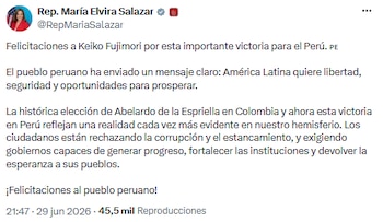 María Elvira Salazar celebró triunfo de Fujimori y vinculó resultados con cambios en América Latina - crédito @RepMariaSalazar/X