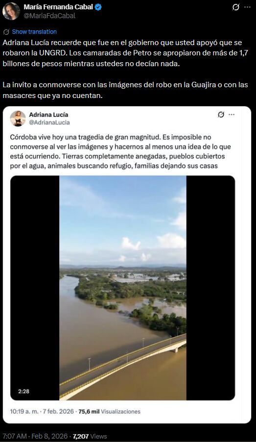 La senadora instó a Adriana Lucia a reflexionar sobre “las imágenes del robo en la Guajira” - crédito @MariaFdaCabal
