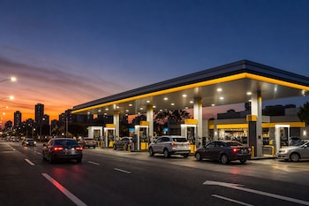 Estación de servicio iluminada junto a una avenida con automóviles estacionados en los surtidores de combustible durante el atardecer.