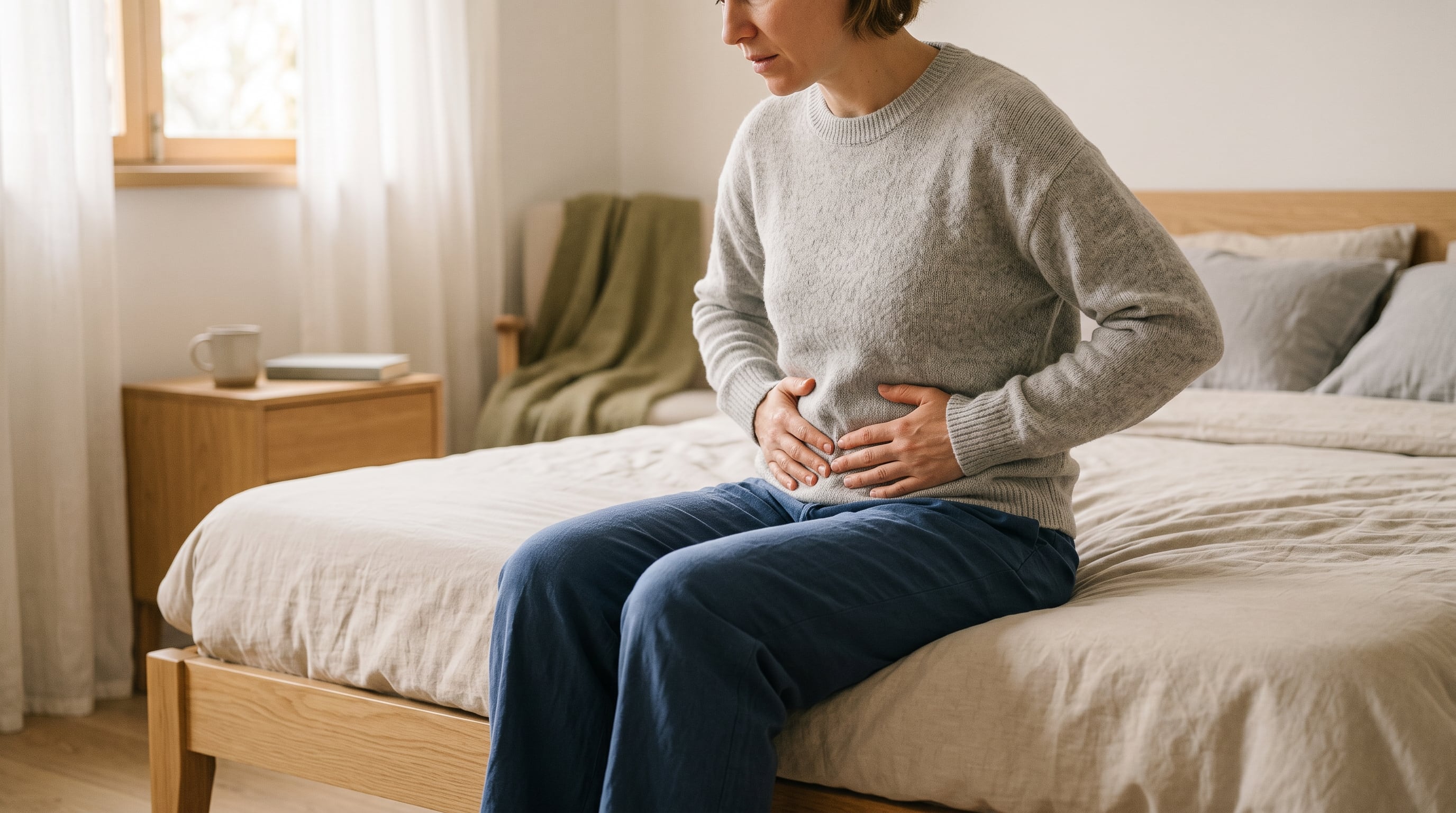 Una persona permanece sentada en el borde de una cama con las manos sobre el abdomen a causa de un malestar o distensión abdominal. (Imagen Ilustrativa Infobae)