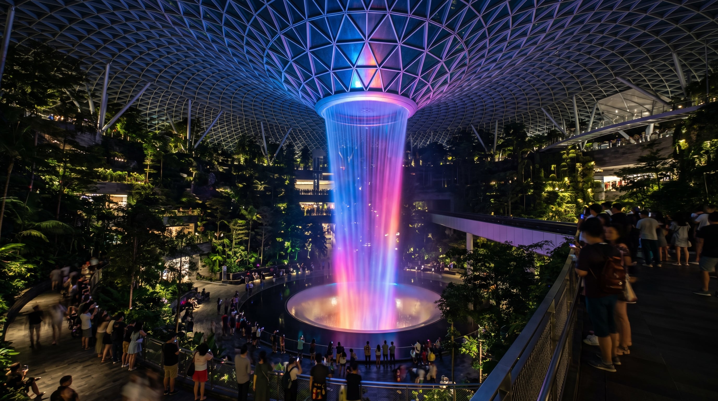 La cascada del aeropuerto Jewel Changi en Singapur tiene espectáculo nocturno en el cual el agua se tiñe de colores. (Imagen Ilustrativa Infobae)