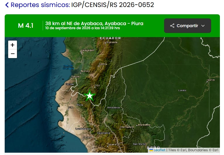 Un reporte del Instituto Geofísico del Perú ubica el epicentro de un sismo de magnitud 4,1 a 38 kilómetros al noreste de Ayabaca, en la región Piura. (IGP)