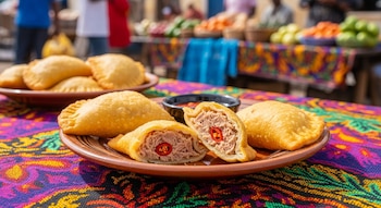 Empanadas fritas doradas, algunas abiertas con relleno de atún y piri-piri, salsa picante en cuenco, platos de cerámica, mantel estampado, puesto de mercado.