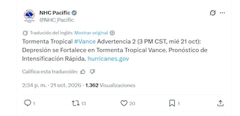depresión tropical evoluciona a tormenta tropical "Vance" (X/ @NHC_Pacific)