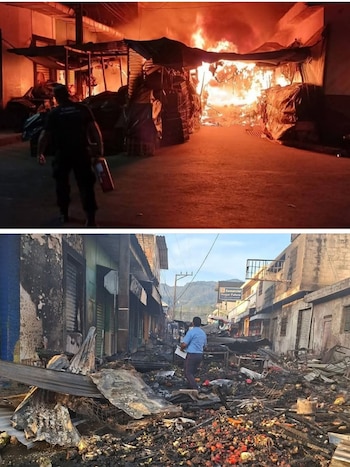 Panorama desolador: el mercado de Armenia amaneció convertido en un cementerio de láminas retorcidas y productos carbonizados (Cortesía ITR Occidente).