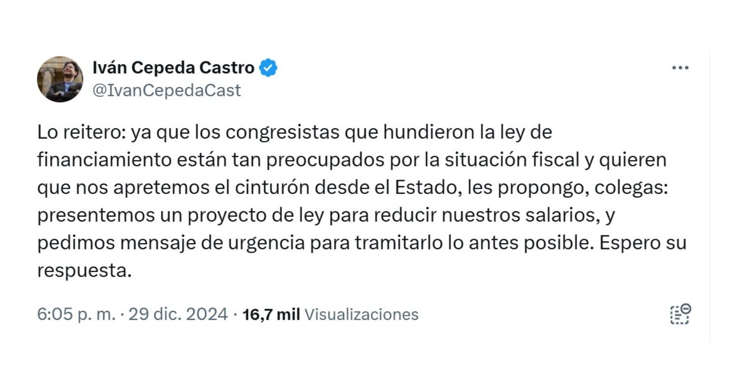 Con esta publicación, el senador Iván Cepeda se refirió a la propuesta de bajarse el salario para contribuir al Gobierno - crédito @IvanCepedaCast/X