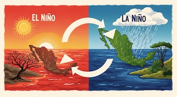 Ilustración de dos mitades del ciclo climático. El Niño muestra sol, mar rojo y México seco. La Niña muestra lluvia, mar azul y México verde. Flechas conectan ambas.