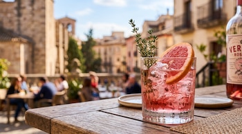 Un vaso de vermut rosado con hielo, una rodaja de pomelo y tomillo sobre una mesa de madera, con una botella y una plaza al fondo.