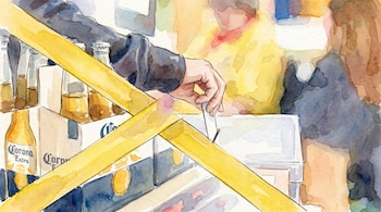 Ilustración acuarela de una persona intentando alcanzar botellas de cerveza Corona bloqueadas por dos cintas amarillas cruzadas.