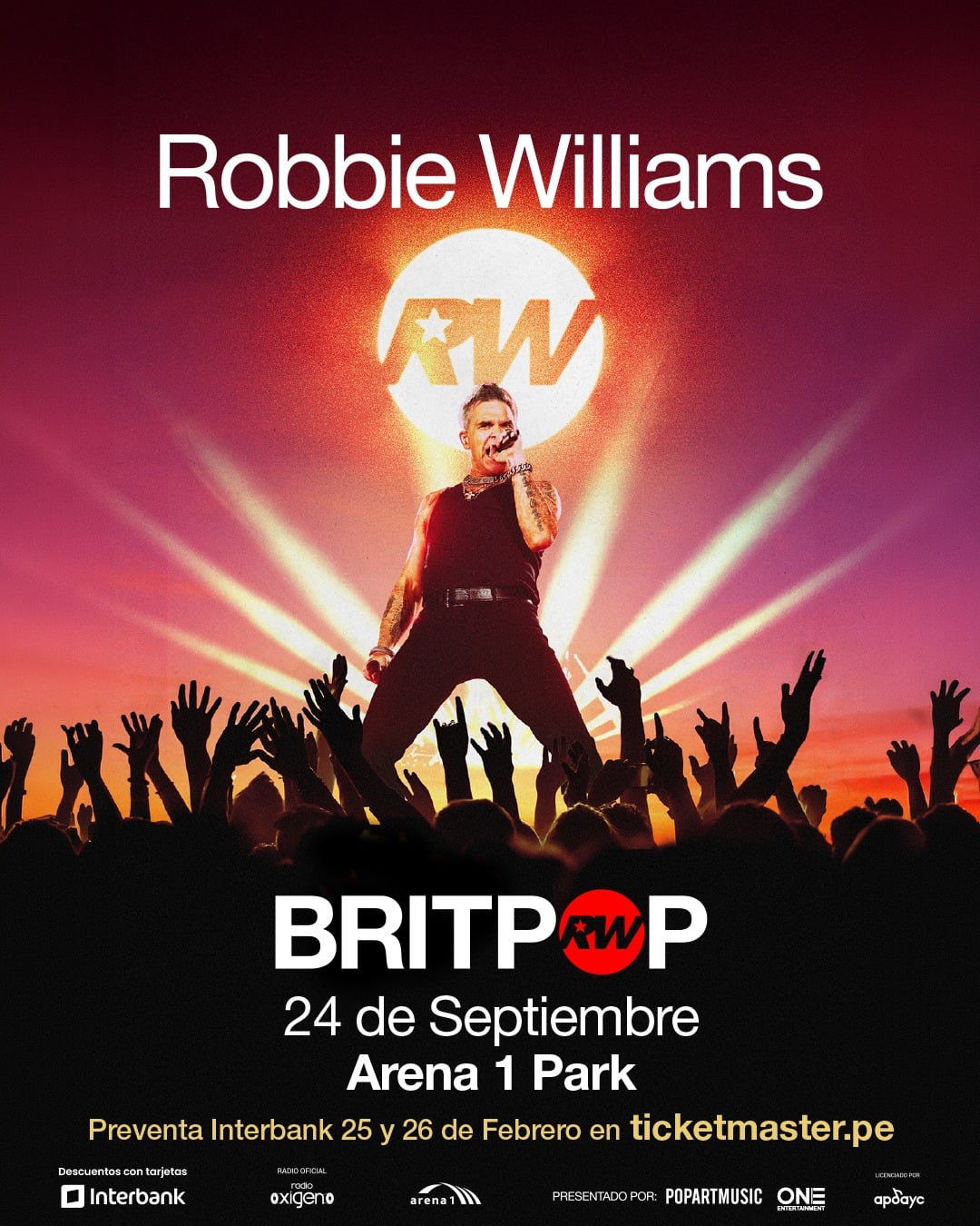 El icónico artista británico Robbie Williams actuará por primera vez en Perú el 24 de septiembre en Arena 1 Park, prometiendo una noche llena de éxitos y energía para sus fans. (One Entertaiment)