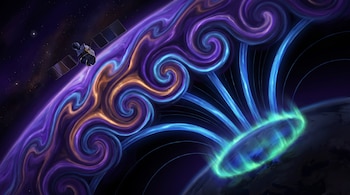 Ilustración de espirales moradas y ocres junto a un satélite, haces de luz azul y un anillo luminoso verde sobre la Tierra.