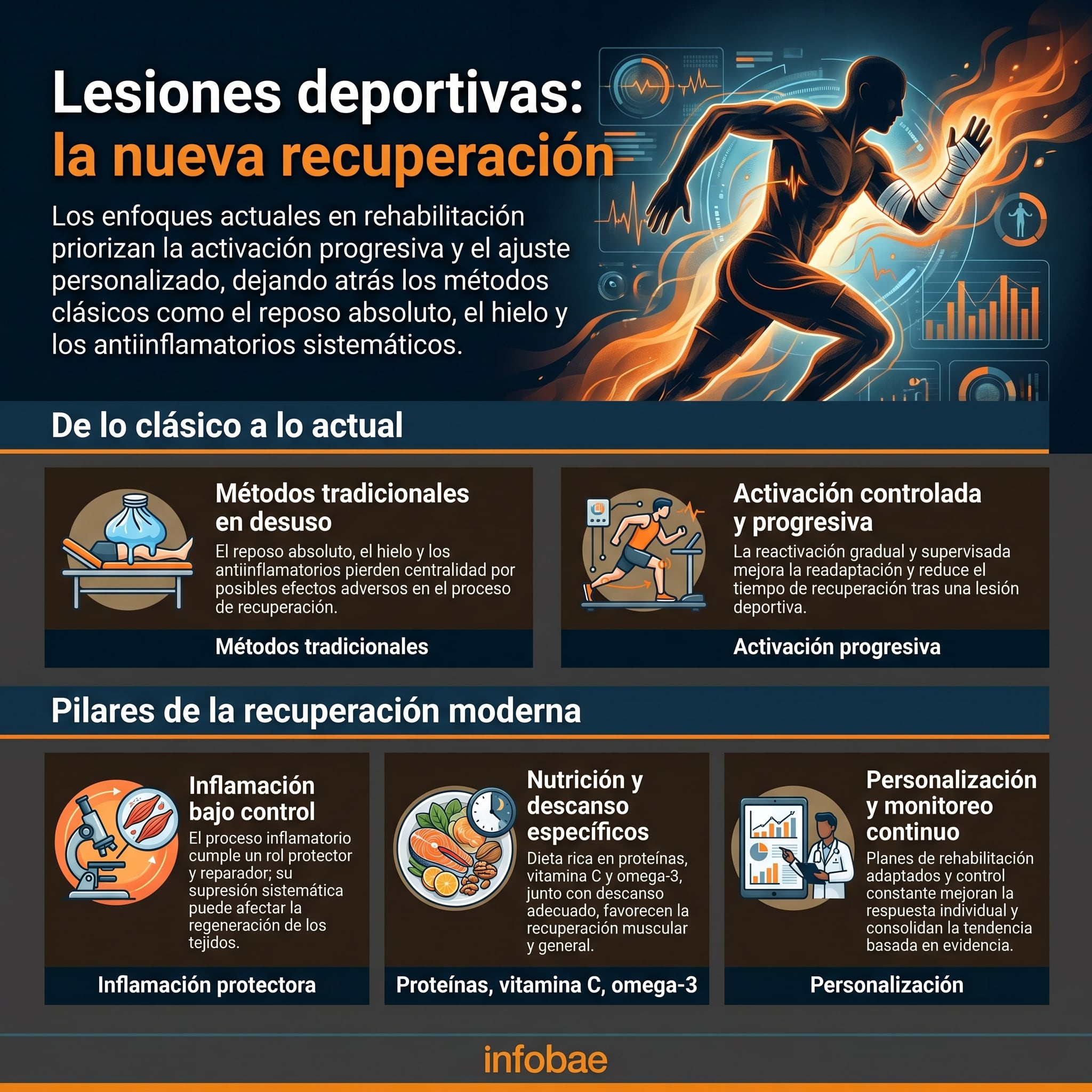 La recuperación de lesiones deportivas prioriza la activación gradual, personalización y respeto por procesos biológicos, dejando atrás métodos tradicionales como reposo, hielo y antiinflamatorios. (Imagen Ilustrativa Infobae)