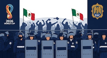 Ilustración plana de policías de la Ciudad de México con escudos conteniendo a una multitud silueteada de aficionados y manifestantes. Logos del Mundial 2026 y SSC visibles.