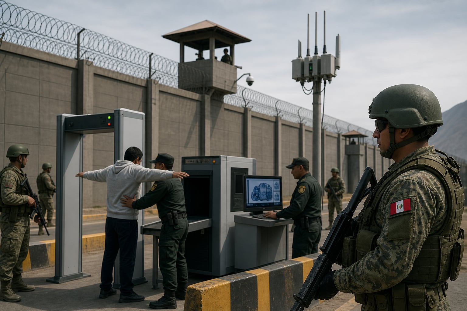 Efectivos militares y personal de seguridad realizan revisiones a visitantes mediante escáneres y detectores de metal en el cerco perimétrico de una cárcel en Perú. (Imagen Ilustrativa Infobae)