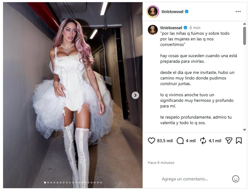 Tini Stoessel publicó un mensaje en redes sociales tras su aparición sorpresa en el show de Lali Espósito