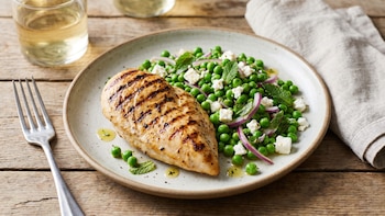 Receta de pollo grillé con ensalada de arvejas, rápida y fácil