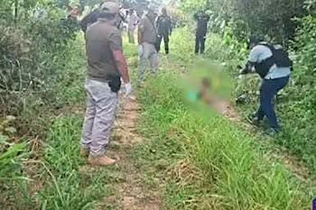 Varias personas con guantes y ropa de campo en una zona exterior con vegetación, cerca de una forma borrosa en el suelo