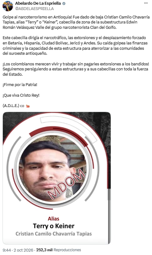 Operación militar dejó muerto a presunto jefe de estructura del Clan del Golfo - crédito @ABDELAESPRIELLA/X