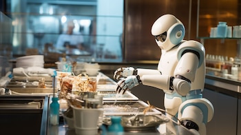Imagen representativa de robots y sistemas de inteligencia artificial en diversos sectores, desde logística hasta gastronomía, ilustrando la transformación y adaptación del mercado laboral ante la creciente automatización.