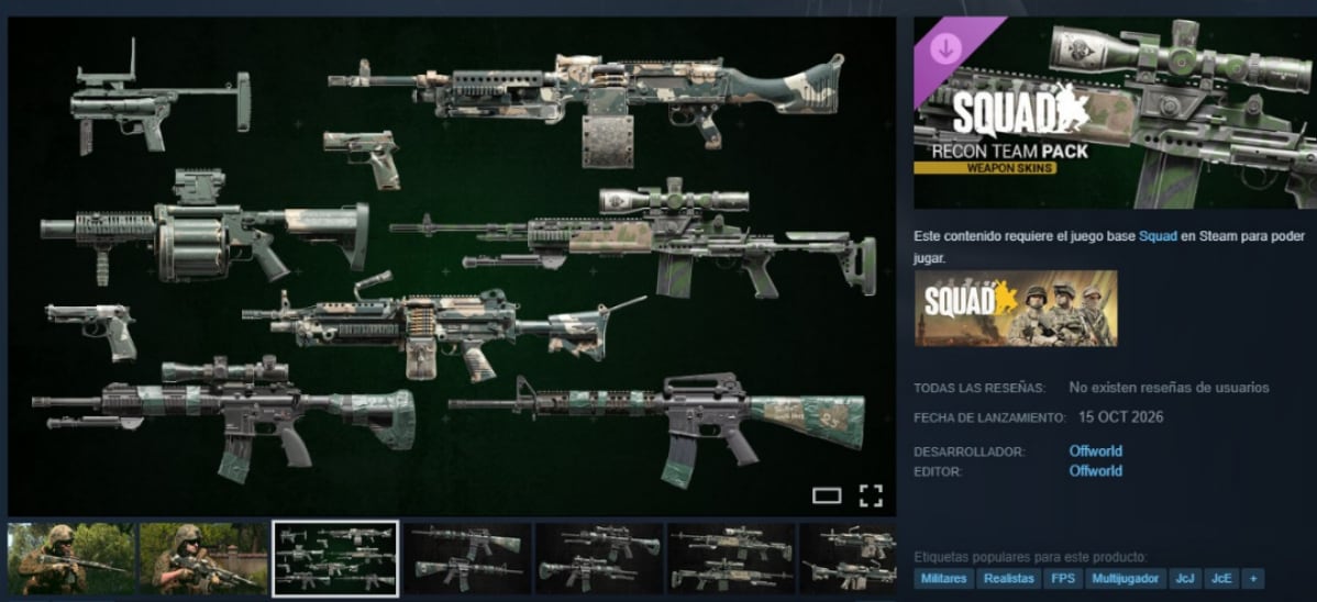 El paquete Squad Weapon Skins - Recon Team Pack debe obtenerse desde la ficha del producto en la tienda de Steam. (Steam)