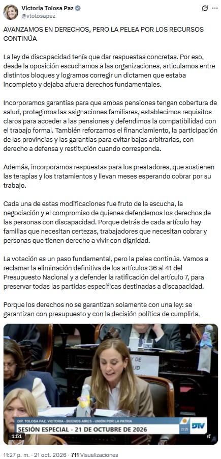 La diputada argentina Victoria Tolosa Paz expone en redes sociales modificaciones a un dictamen sobre discapacidad y adjunta un video de su intervención en la Cámara de Diputados
