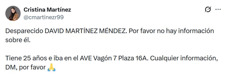 Familiares buscan a David Martínez Méndez, que viajaba en el AVE accidentado. (@cmartinezr99/X)